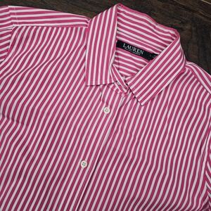 Lauren Ralph Lauren Womens Sz 8 Pink White Stripe Button Up Shirt Preppy Career